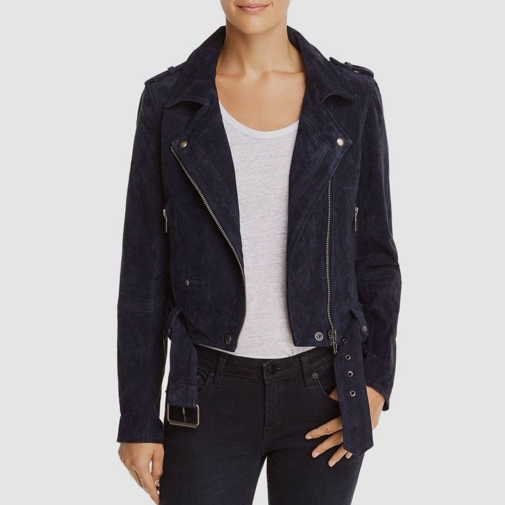 BlankNYC Womens Blue Suede Leather Zip-Front Casual Moto Jacket Size S